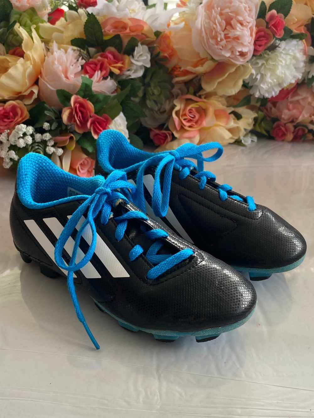 adidas Conquisto FG Jr B25593 Black White Blue Youth Soccer Cleats 13.5K